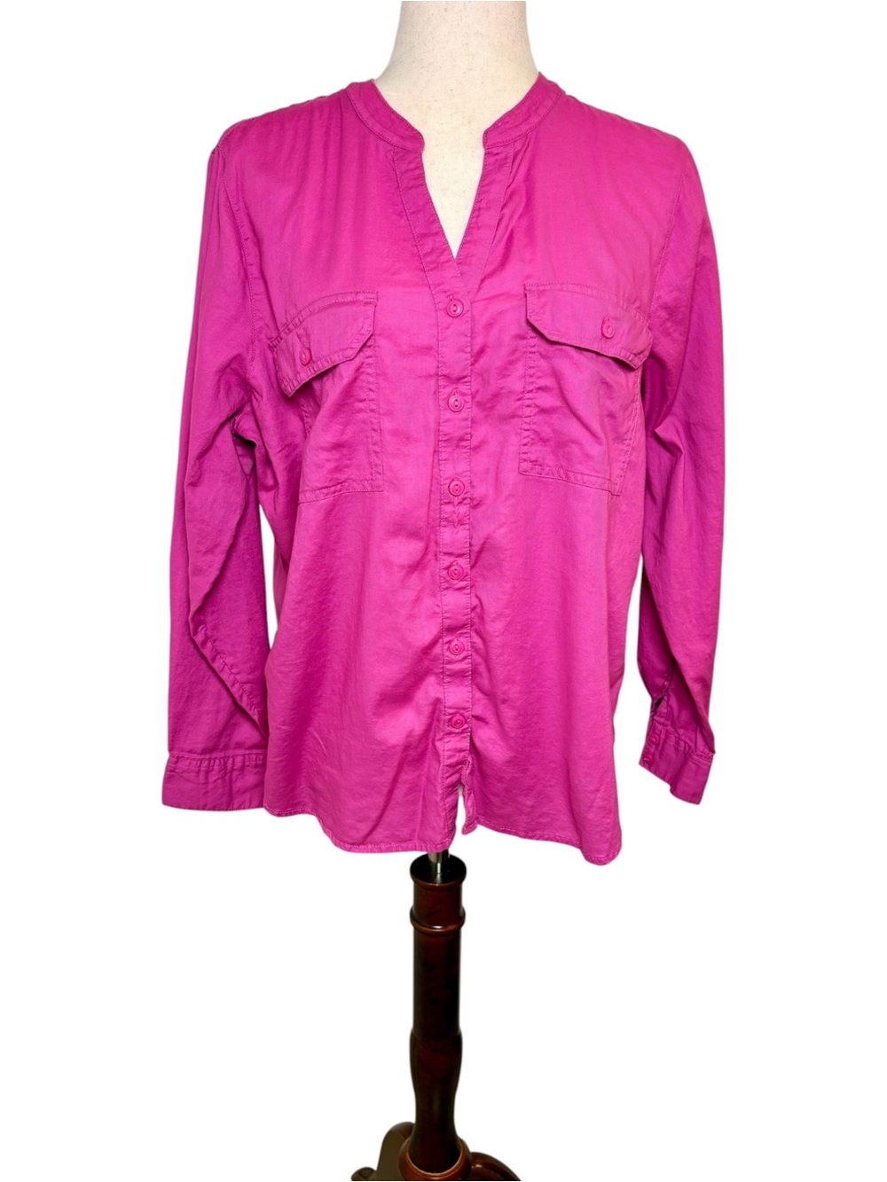 St Johns Bay Fuchsia Pink Cotton Utility Button Down Coastal Petite XL